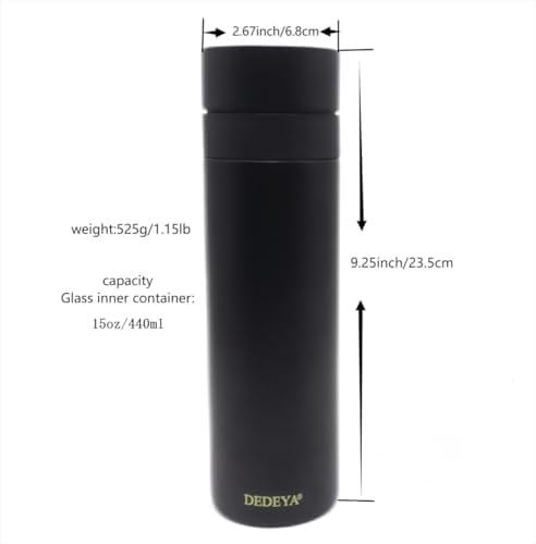 15oz Stainless Steel Vacuum Insulated Water Bottle – Glass Lined Thermos (Tea Strainer, Hot/Cold Drinks, Leakproof Car Mug, Black), 209 – Home Decor, Kitchen, & Other