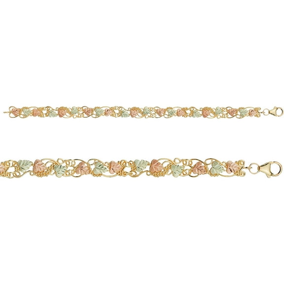 Black Hills Gold 10kt Yellow Gold 12kt Gold Leaf Accented Swirled Vine Bracelet, 7"