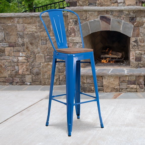 Emma Oliver 30"H Blue Metal Barstool with Back and Wood Seat