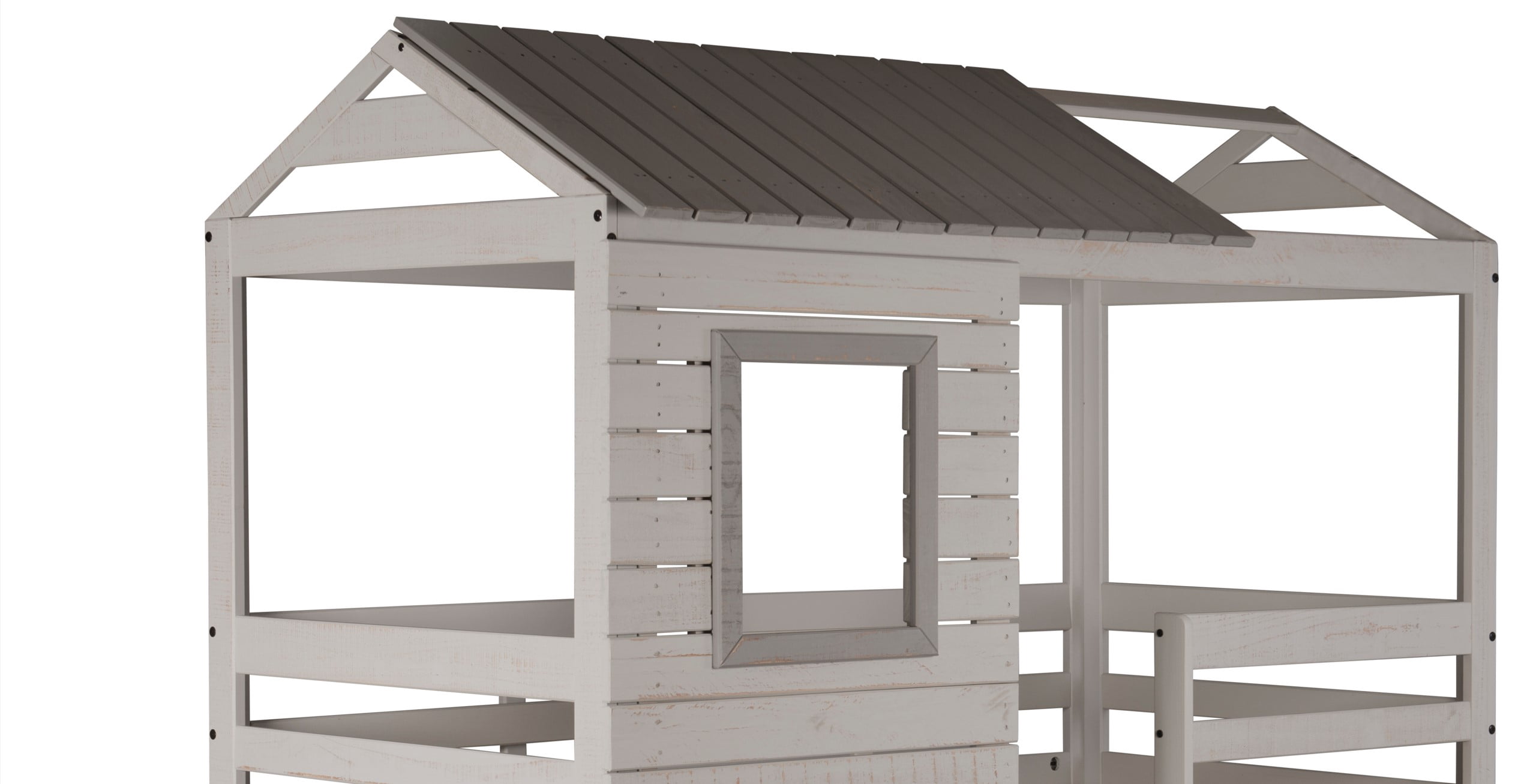 Donco Kids Deer Blind Child Wood Twin-over-Twin Bunk Bed with Roof and Slats Rustic Light Grey