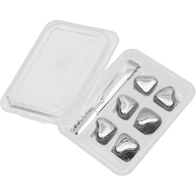 Pierres de Whisky en Forme de Cœur Glaçon, Glaçon Réutilisable en Acier Inoxydable avec Plateaux, Pierres de Refroidissement de Boisson pour Boissons Jus de Whisky 6pcs