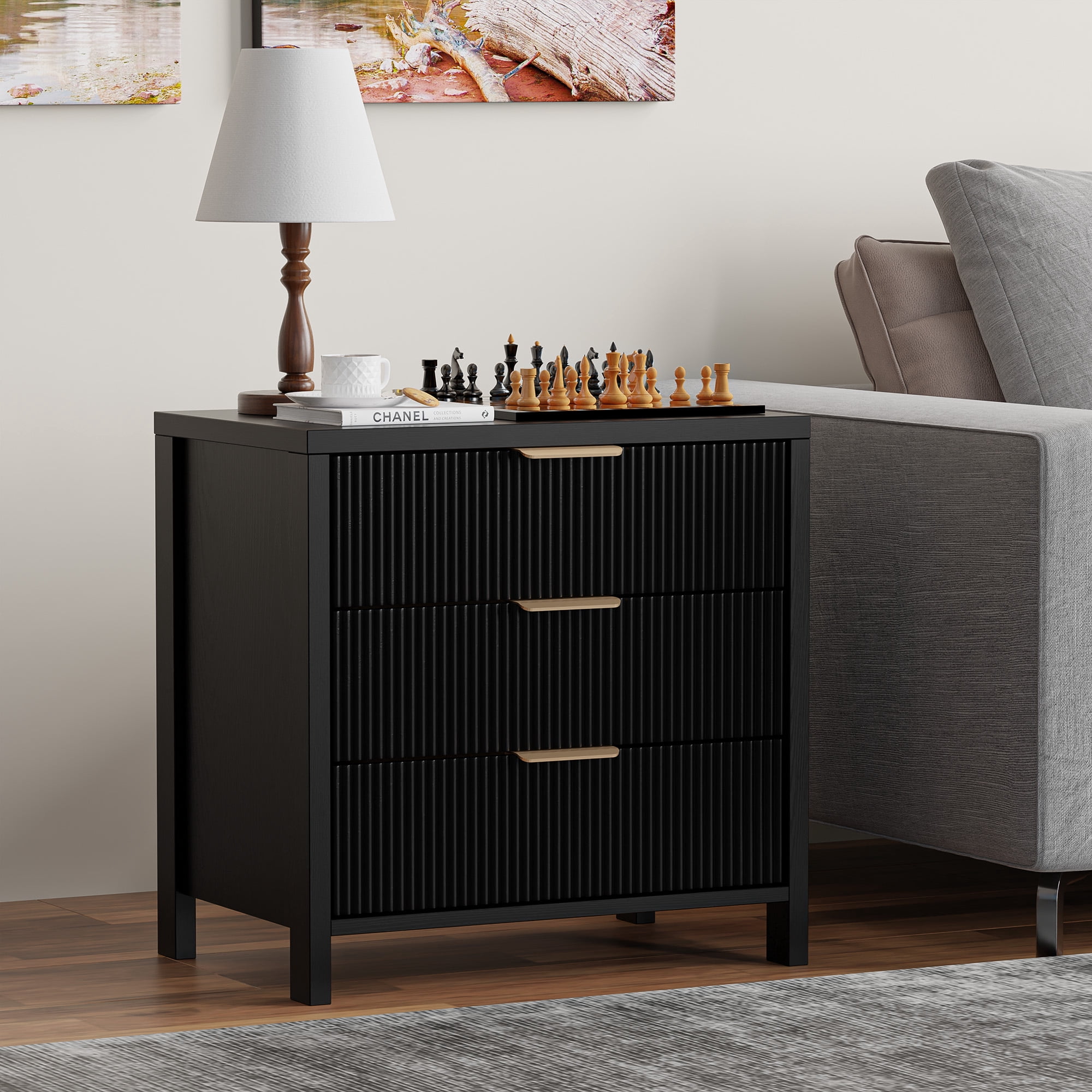 HASLE Fluted Nightstand with 3 Drawers, Mid-Century Modern Bedside Table, 23.7'' Wide Wood End Table for Bedroom, Black Finish