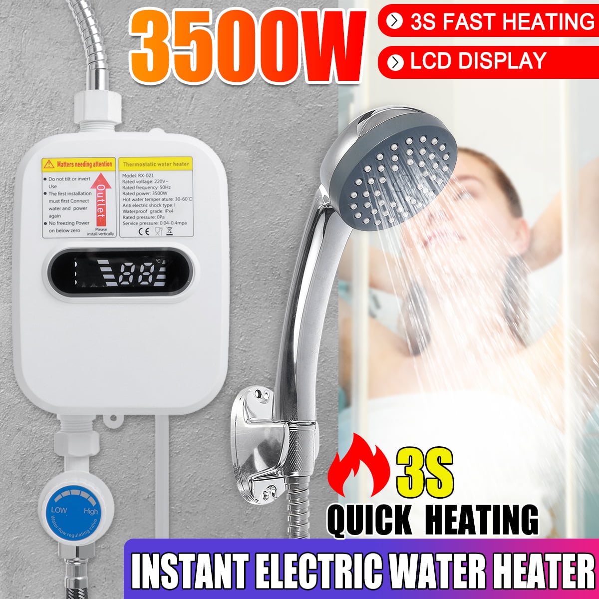 Instant Water Heater Shower 3500W 3S Heating Bathroom Kitchen Tankless Electric Water Heater