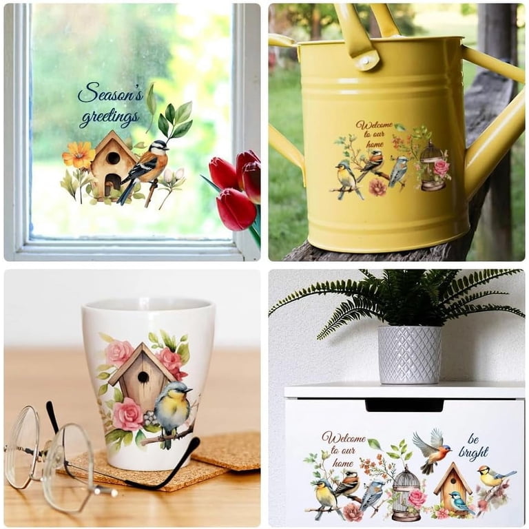 GLOBLELAND 18 vellen vintage dieren om op te wrijven voor vazen knutselen 7,9 x 9,1 cm kleurrijke bloemen UV DTF bekerfolie stickers bosdieren