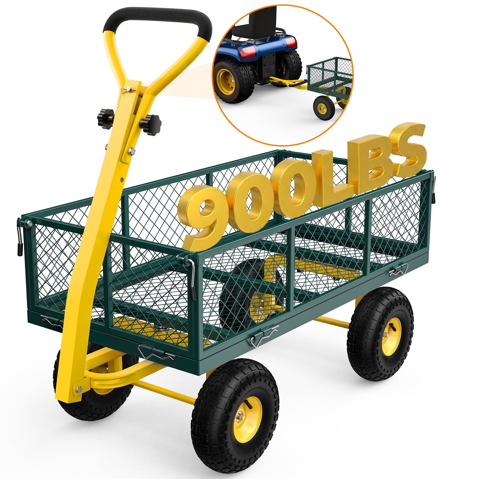 Firstness Heavy Duty Garden Cart, 900 lbs Capacity Garden Wagon with ATV/Tractor Hitch & Removable Sides, Green