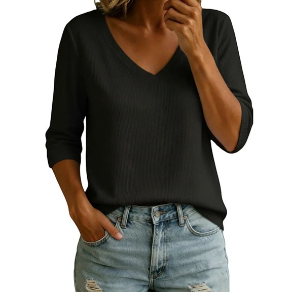 BODOAO Women's V Neck Sweater 3/4 Sleeve Lightweight Knit Pullover Loose Fit Soft Casual Fall Spring Fashion Top for Women Office Work Everyday Wear Clothing Black L