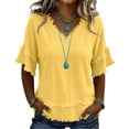 thumbnail image 3 of Nestiefly Womens Linen Tops Summer Casual Short Sleeve V Neck Shirts Fringe Retro Cotton Linen Blouses Raw Hem Beach Clothes 2026 Yellow 2XL, 3 of 6