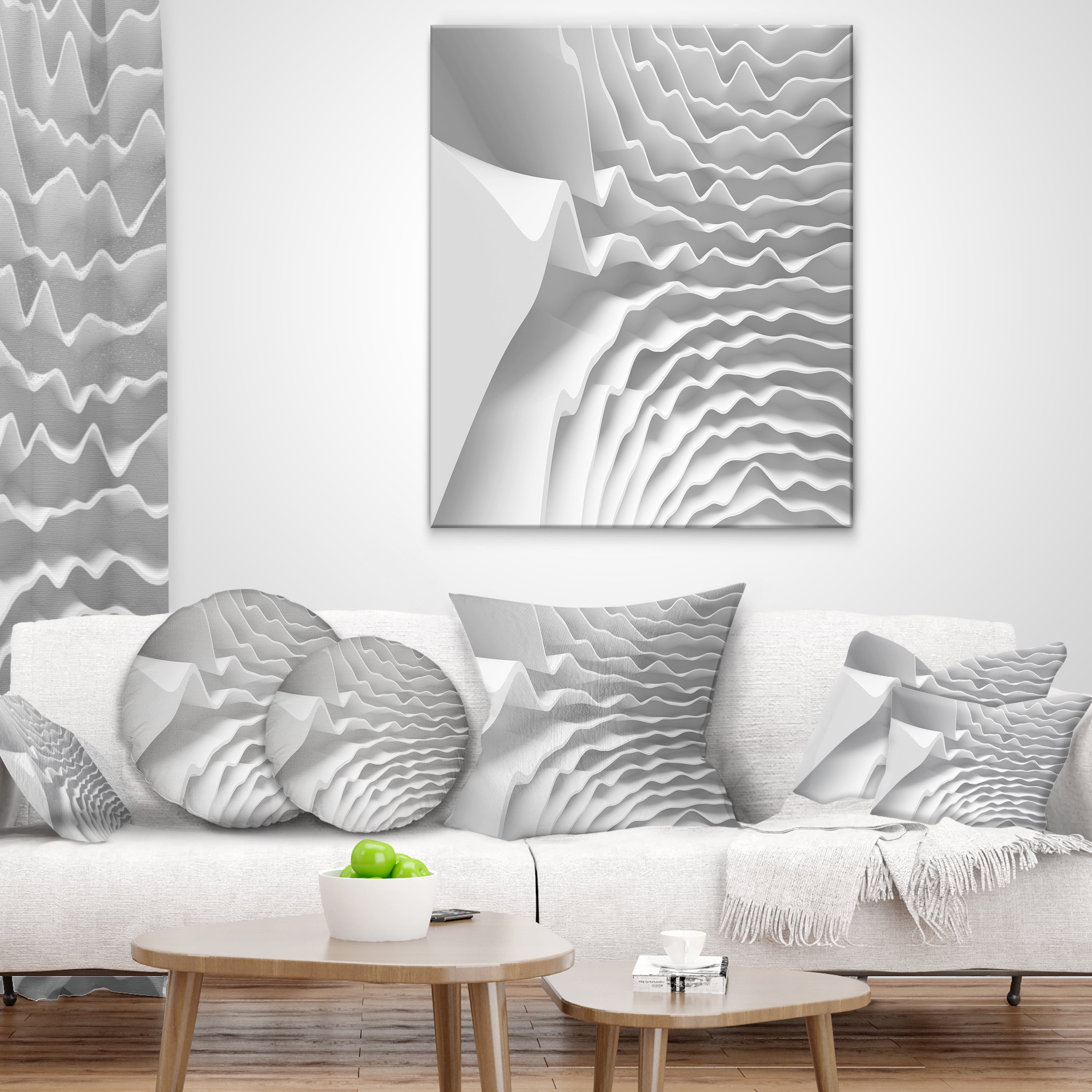 Designart Fractal Curved White 3D Waves - Contemporary Throw Pillow - 16x16