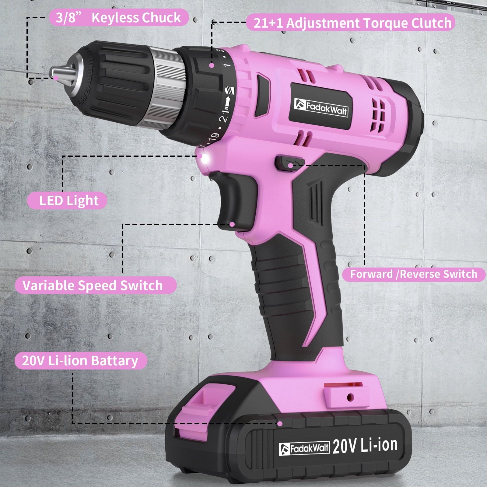 20V Cordless Drill Set with Lithium-Ion Battery and Charger, Electric Power Drill/Driver Kit, 3/8" Keyless Chuck, 22 Torque Settings, Includes 60pcs Drill Bits and Sockets for Home DIY Projects