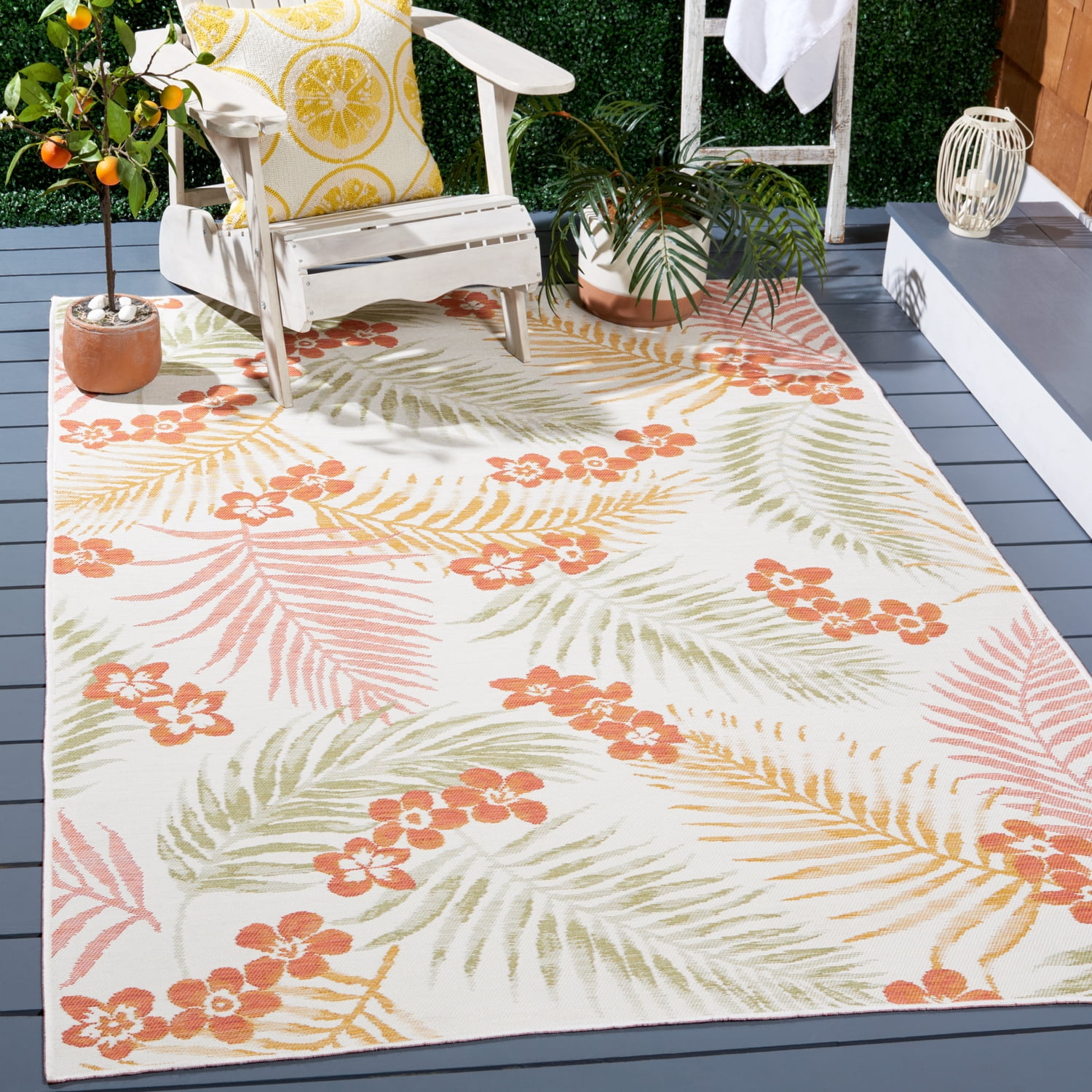 SAFAVIEH Sunrise Jane Floral Reversible Indoor/Outdoor Area Rug, Ivory/Rust Sage, 5'3" x 7'7"