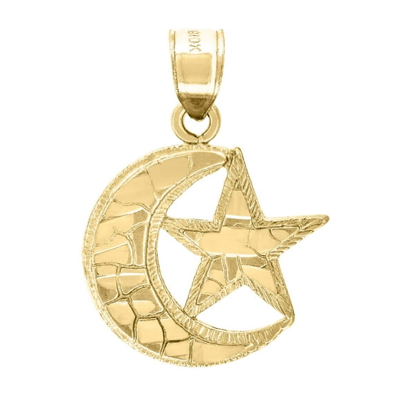 10kt Real Yellow Gold Nugget Unisex Star Moon Religious Charm Pendant