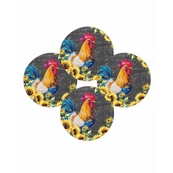 Round Placemats Set of 4 Sunflower Rooster Place Mats Washable Woven Placemat Farm Animal Black Text Circle Braided Table Mat for Kitchen Dining Table Party Home Decor 15 Inch