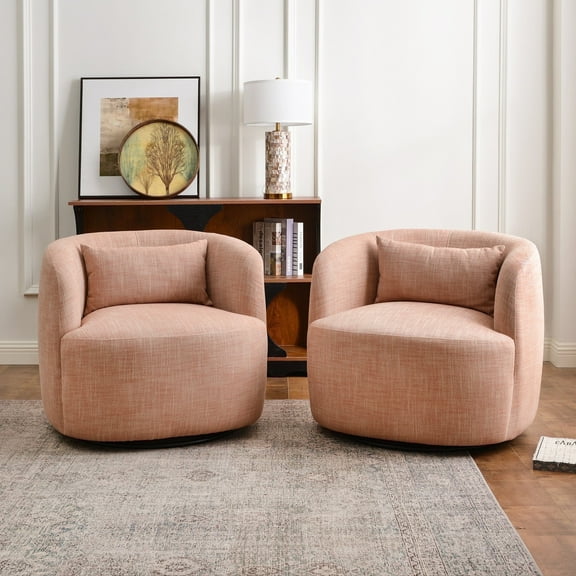 KINWELL Linen Blend Swivel Barrel Chair Set of 2, No Assembly Upholstered 34" Wide Breathable Textured Weave Fabric Accent Chair for Living Room Office Lounge, Coral