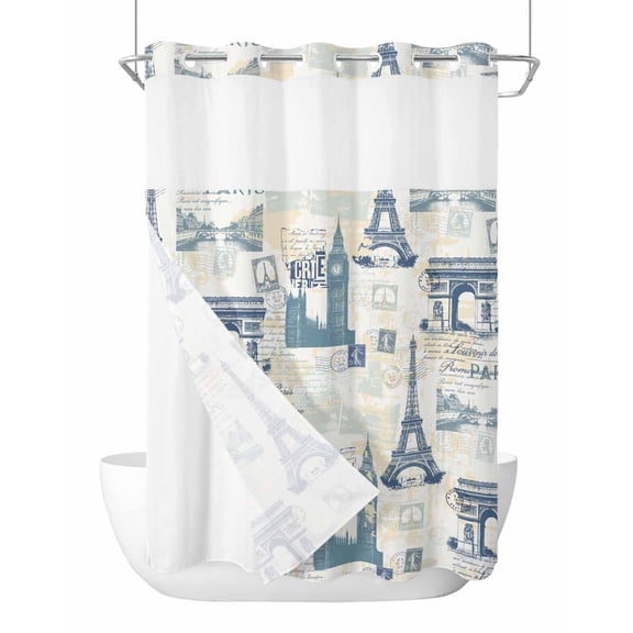 No Hook Shower Curtain with Snap-in Liner, Eiffel Tower Waterproof Fabric Bathroom Curtains, European Architectural Retro Hand-Painted Bath Curtains & Mesh Top Window 60"x72"