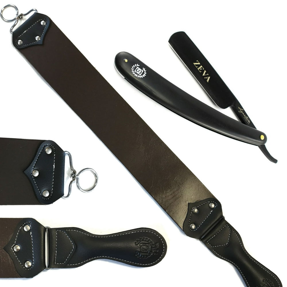 ZEVA BLACK STRAIGHT EDGE RAZOR WITH EXTRA WIDE RAW COWHIDE LEATHER