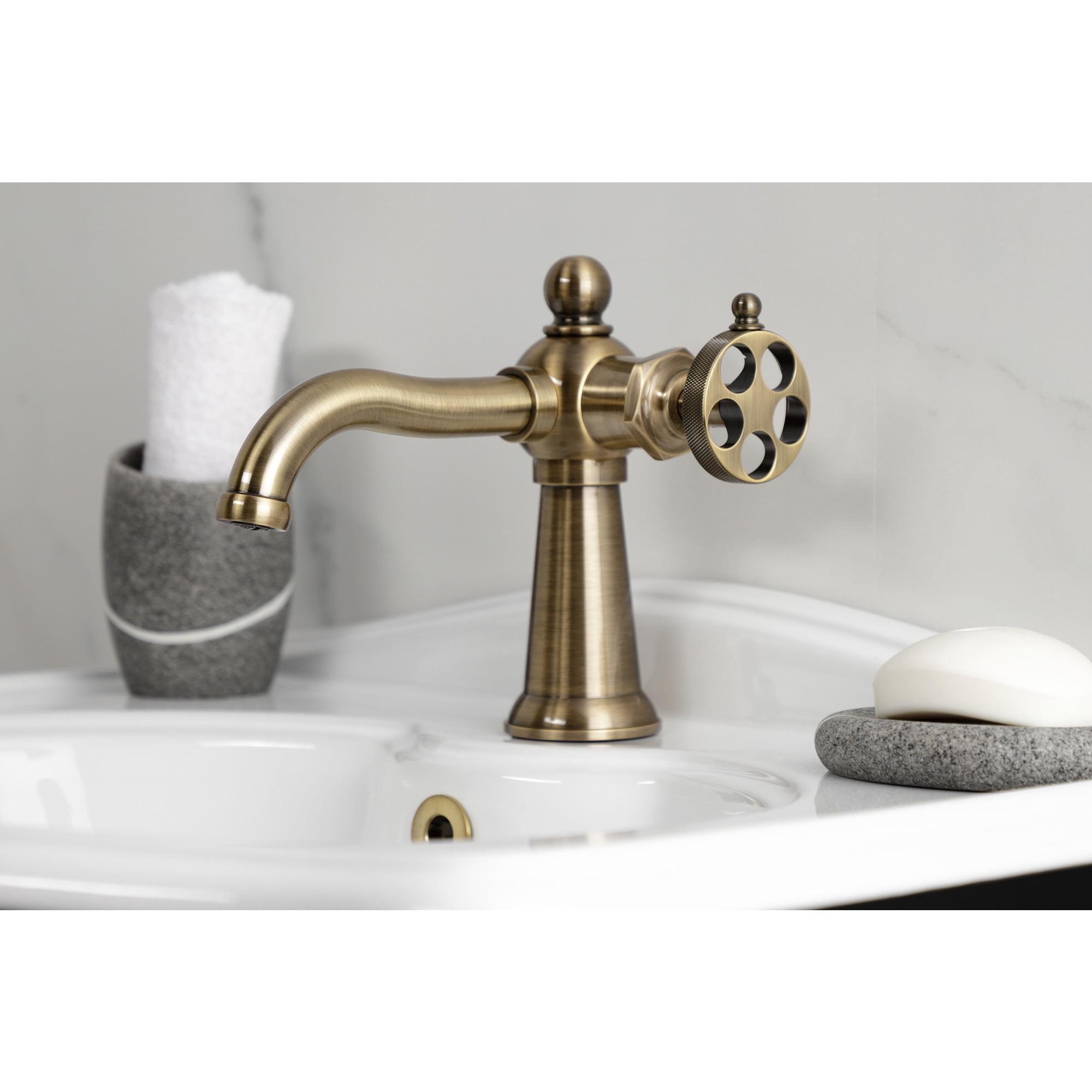 Kingston Brass KS3543RKZ Wendell One-Handle Single-Hole Bathroom Faucet with Knurled Handle and Push Pop-Up Drain, Antique Brass