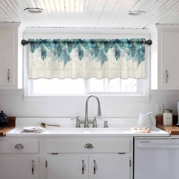 Teal Feather Valance Curtains for Kitchen/Living Room/Bathroom/Bedroom Window, Farmhouse Feather Art Teal Ombre Rod Pocket Small Topper Half Short Window Curtains Voile Sheer Scarf 54"x18"
