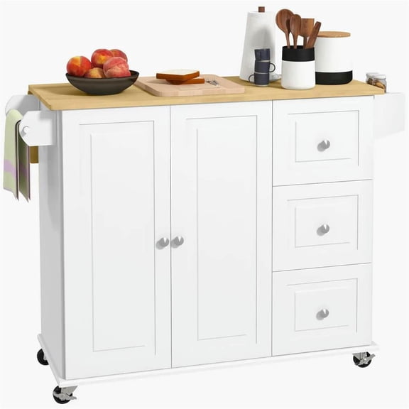YYAo Kitchen Storage Island, Kitchen Cart,Kitchen Island with Drop Leaf, Rolling Kitchen Cart on Wheels with 3 Drawers, Cabinet, White