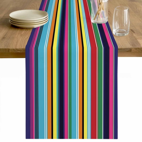 Mexican Style Table Runner - 72 Inch Long Colorful Mexico Stripes Blue Yellow Cotton and Linen Blended Dress Scarves Farmhouse Table Runner for Kitchen Dining, Coffee Table, 13" x 72"