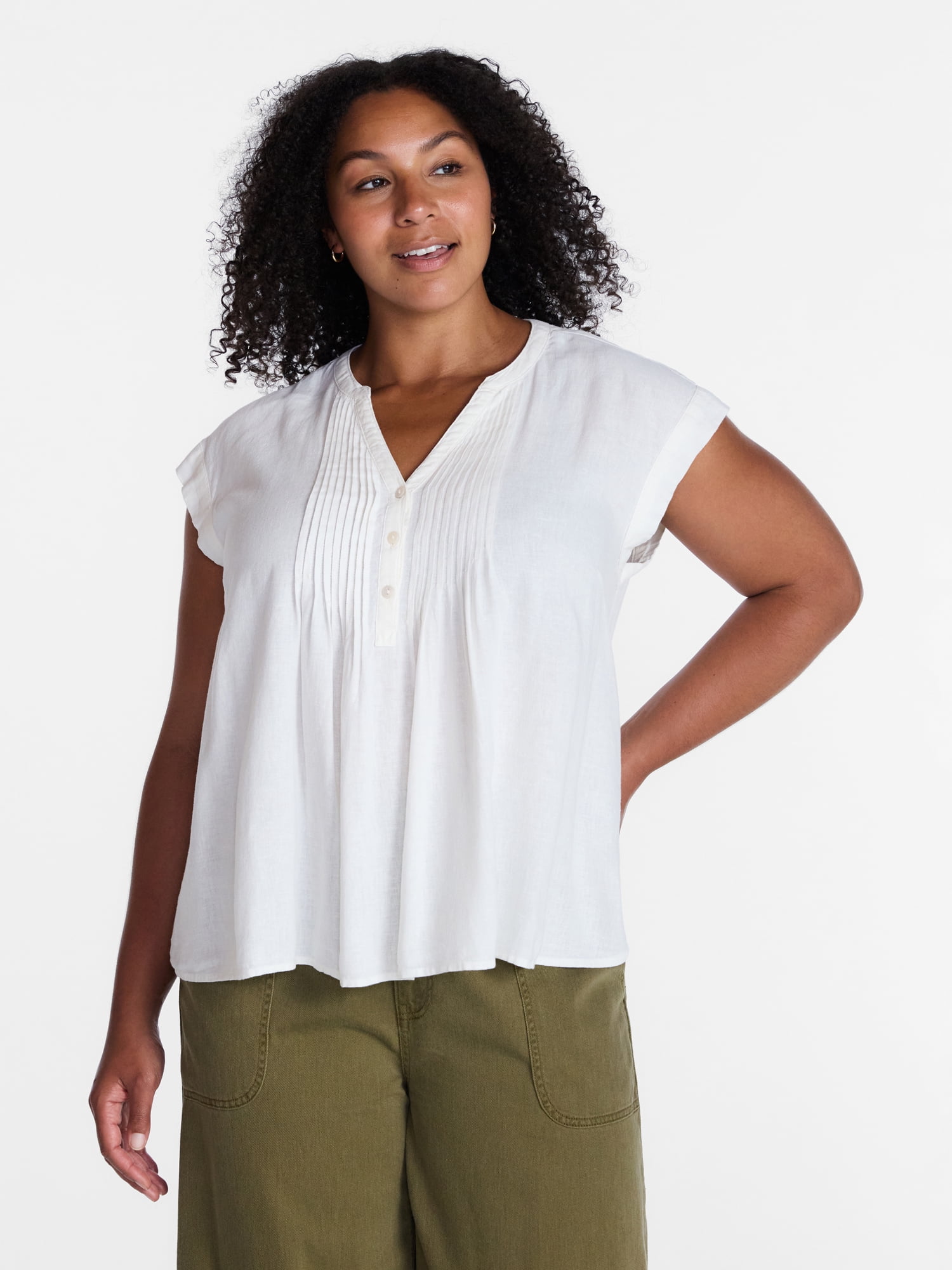 Time and Tru Women's Linen Blend Pintuck Top with Short Sleeves, Size XS-XXXL