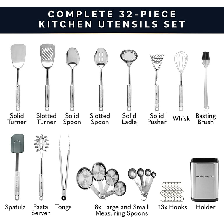 Home Hero 32 Pcs Stainless Steel Kitchen Utensils Set - Cooking Utensils Set & Spatula - First Home Essentials Utensil Sets - Household Essentials