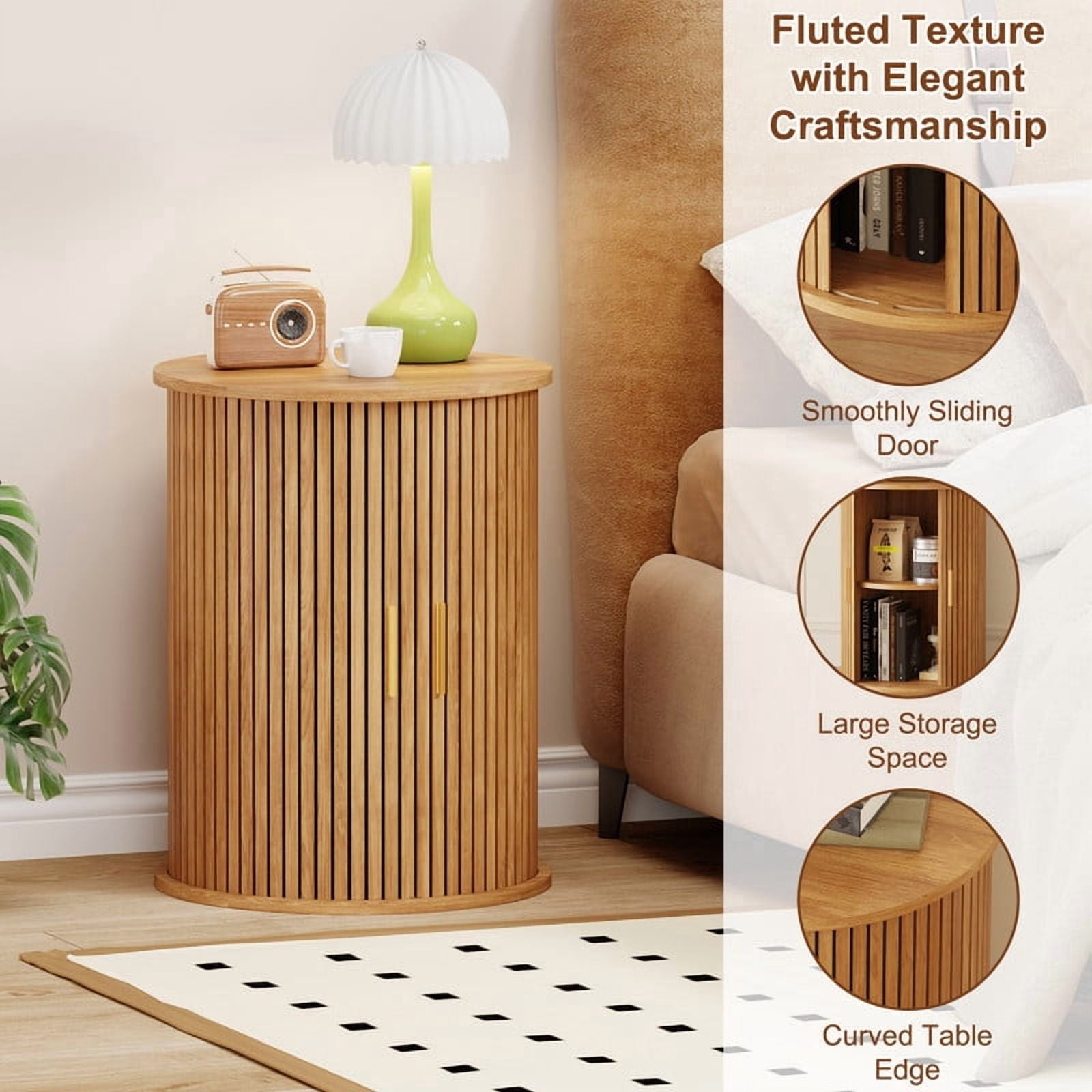 Fluted Round Side Table Set of 2, Mid Century Modern Night stand with Sliding Tambour Door and Storage Shelf, Wood Bedside Table, End Table for Small Space,Bedroom, Living Room