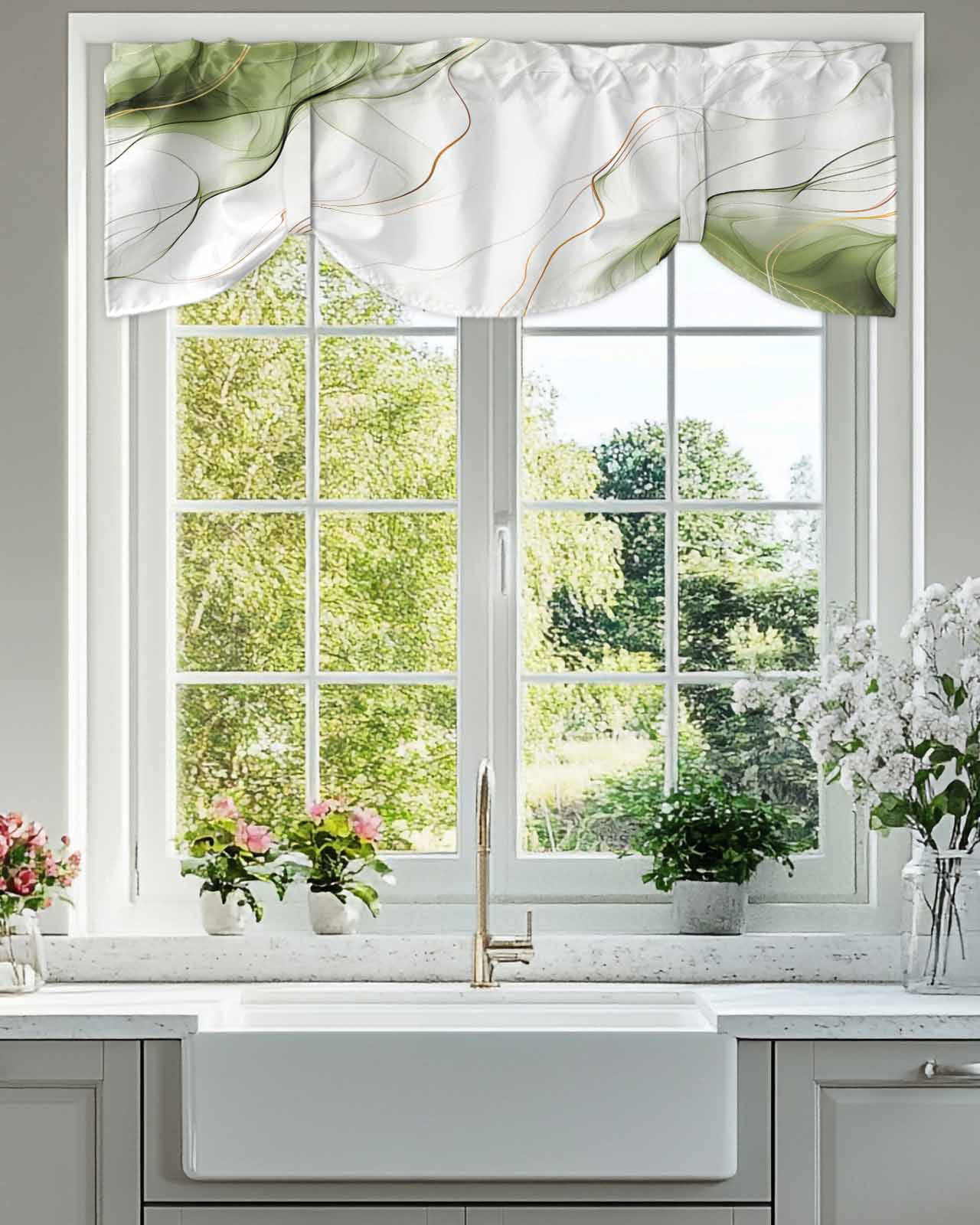 Sage Green Water Ripple Tie Up Valances Curtain, Adjustable Kitchen Vintage Abstract Valances for Windows Decor, Rod Pocket Short Curtains Set for Bedroom/Bathroom, 60"x18"