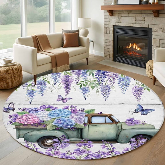 Purple Flowers Round Area Rug 6Ft Washable Circle Rugs for Bathroom Office, Weeping Spring Floral Truck Butterfly Wooden Non-Slip Carpet Floor Mats Indoor Outdoor Carpet Runner Aesthetic Home Decor