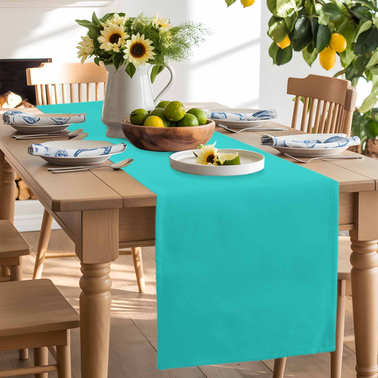 Turquoise Cotton Linen Table Runner for Dining Kitchen, Modern Pure Turquoise Wedding Outdoor Party Tablerunners Decoration, Dresser Scarf Coffee Tablecloth Runners 13x108 Inches