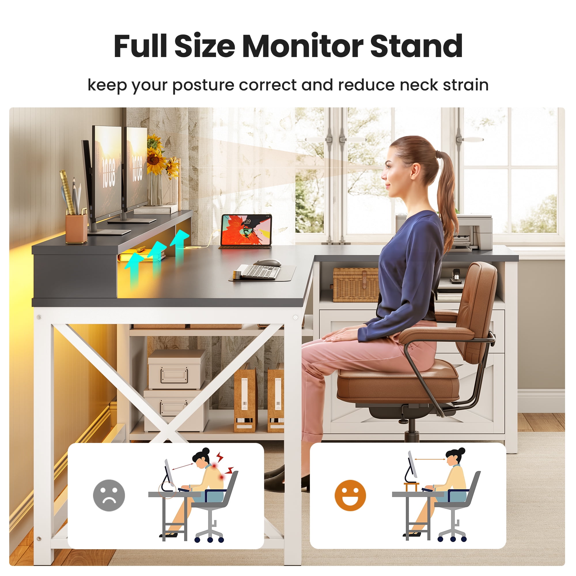 Farmhouse L-Shaped Desk with Power Outlets & LED Lights for Home Office, Large Computer Desk with Monitor Stand & Storage Drawer & File Drawer, Corner Computer Desk with 5 Open Storage Space, White