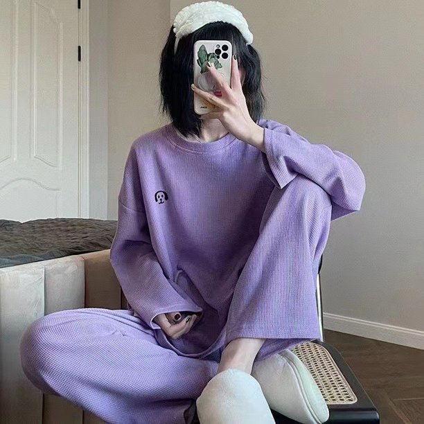 Pijama de manga larga con estampado de gofres para primavera, otoño e invierno, para mujer, con cara sonriente, cuello redondo, holgado, para el hogar