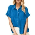 thumbnail image 2 of Polyester Short Sleeve Loose Fit Dress Shirts for Women Blue Workwear Solid Color Lapel Work Summer New Ladies Blouses Cotton And Rolled Button Shirt Tee L, 2 of 5