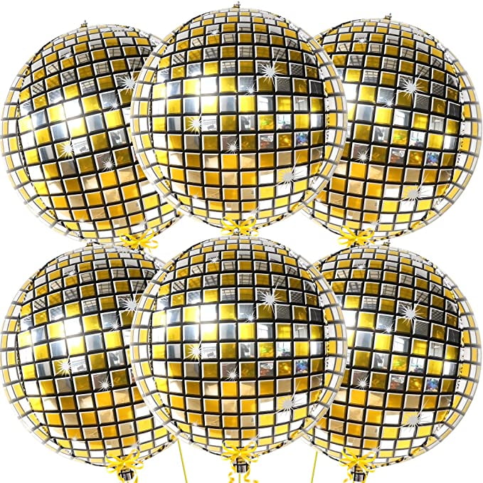 6pcs Large Disco Balloons for Disco Party Decorations, 4D Large 22 Inch  Round Metallic Silver Disco Foil Balloons for Birthday Party Decorations  and