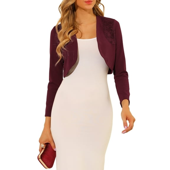 INSPIRE CHIC Women's Elegant Crop Cardigan Long Sleeve Floral Lace Panel Knit Shrug Tops M Burgundy