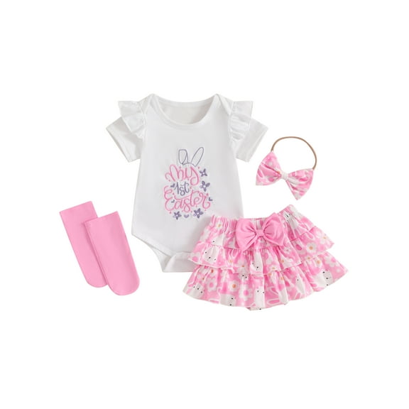 My First Easter Baby Girl Outfit Letter Embroidery Fly Sleeve Romper Bunny Skirt Bow Headband Socks 4Pcs Summer Clothes Set