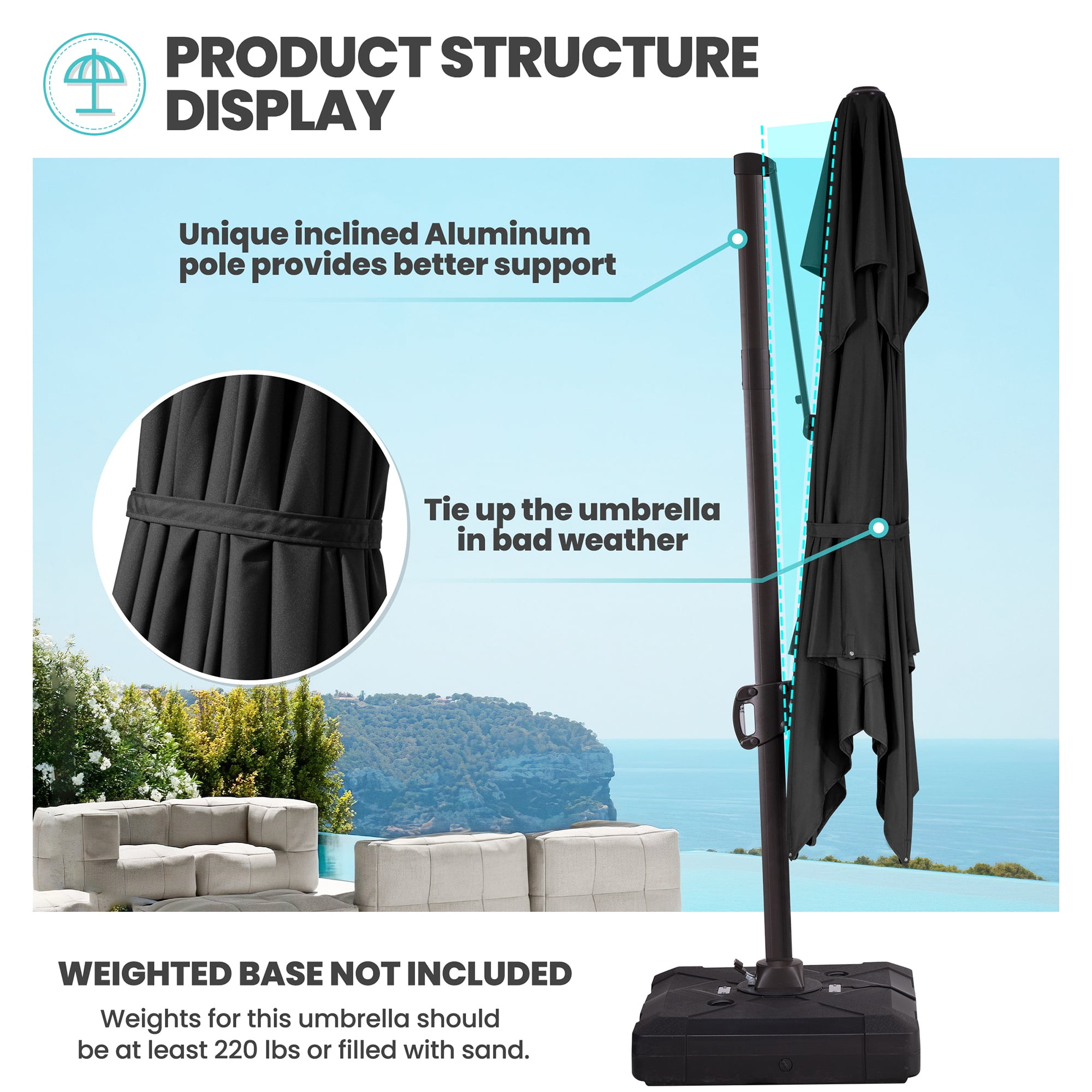 Pellebant 11 ft. x 11 ft. Square Double Top Patio Cantilever Umbrella, Black