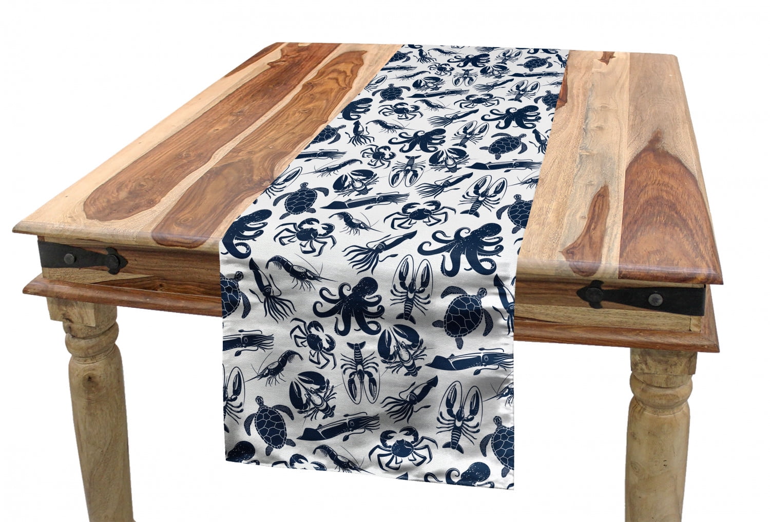 Nautical Table Runner, Sea Creatures Demonstration in Monotone Design
