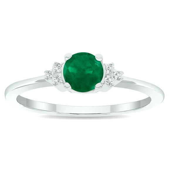 SZUL Women's Emerald and Diamond Half Moon Ring in 10K White Gold