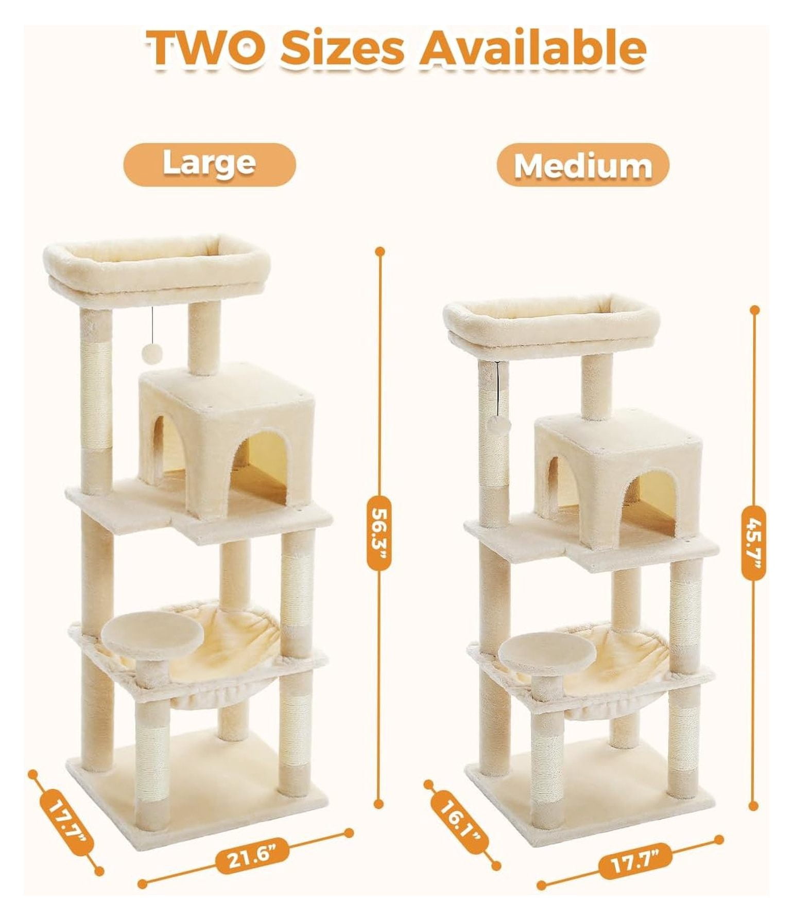 Cat Tree for Large Cats, 56.3" Tower with Hammock & Condo, 6-Tier Cat Shelves, Scratching Posts, Beige
