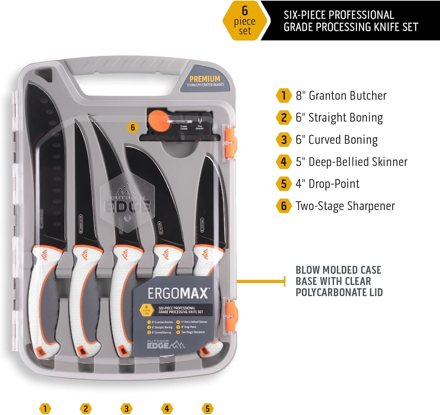 CF  ErgoMax 6-Piece Professional Game Processing Knife Set - Caping & Boning Knives, Skinning Knife, Butcher, Elite Big Game, Elk & Deer Hunting Gear, Perfect Field Dressing Knife Set