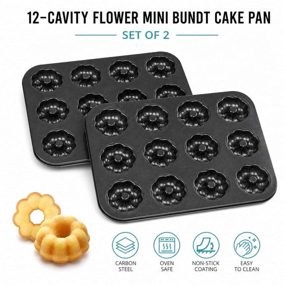 Set of 2 Mini Flower-Shaped Cake Pans, 12 Cavity Carbon Steel Non-Stick Bundt Baking Mold for Cupcakes, Donuts and Brownies