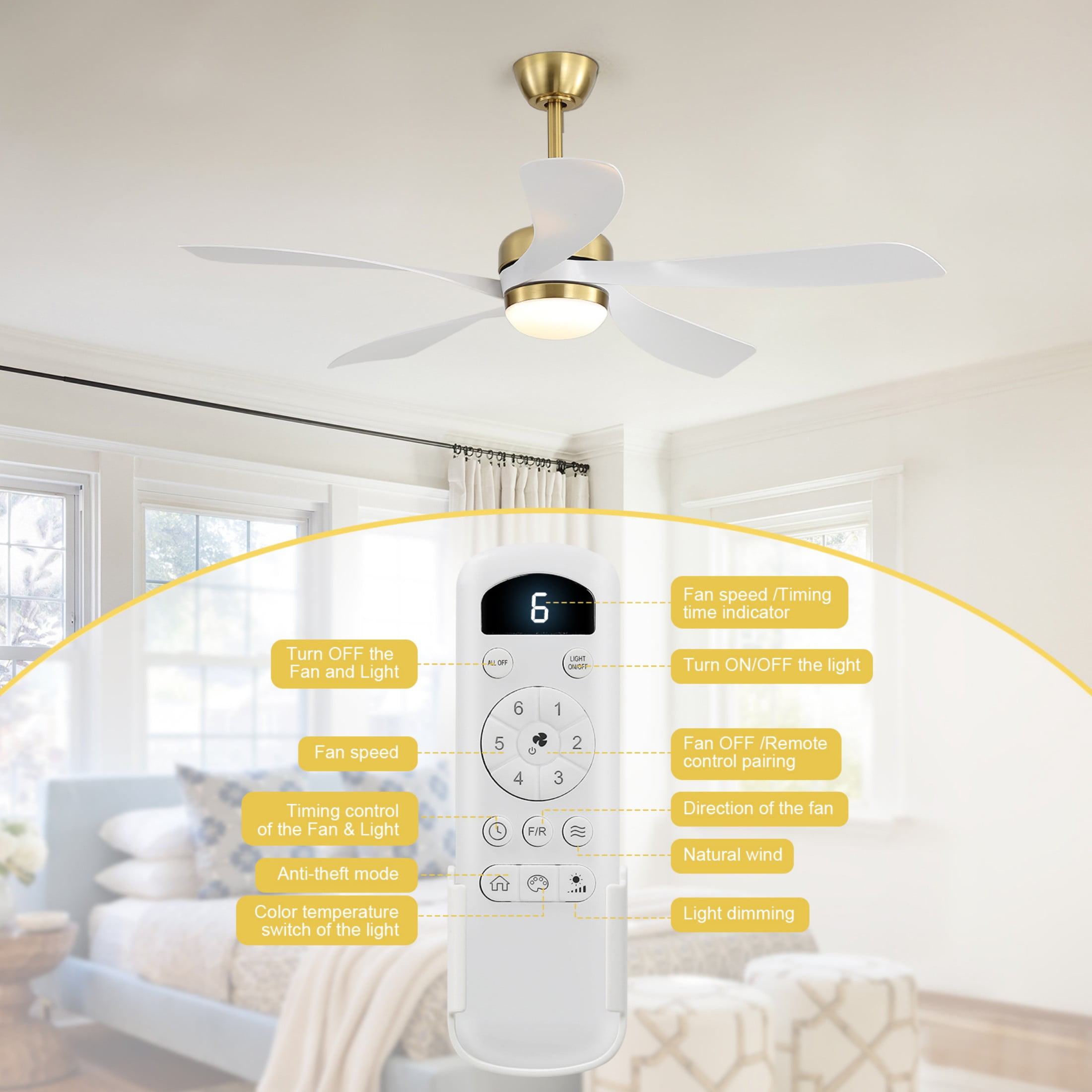 Sofucor 52" Modern Gold Ceiling Fan with Light, 5 White Blades, Quiet DC Motor, 6-Speed Remote Control, Reversible, Dimmable LED, Flush Mount for Bedroom Living Room