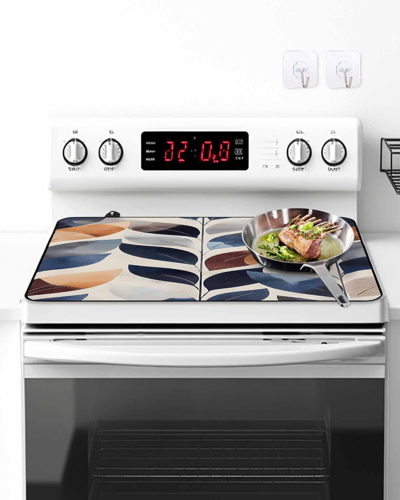 Stove Top Covers for Electric Stove, Navy Blue Burnt Orange Glass Stovetop Cover Protector, Botanical Palm Leaf Abstract Induction Cooktop Protector Oven Mat for Kitchen Countertop 24"x21"