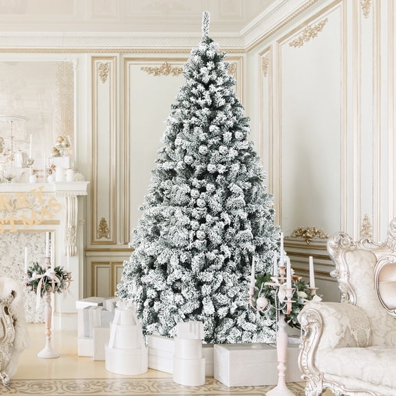Gymax Warm White Prelit LED Green Pine Snow Flocked Hinged Pine Christmas Tree, with Metal Stand 9'