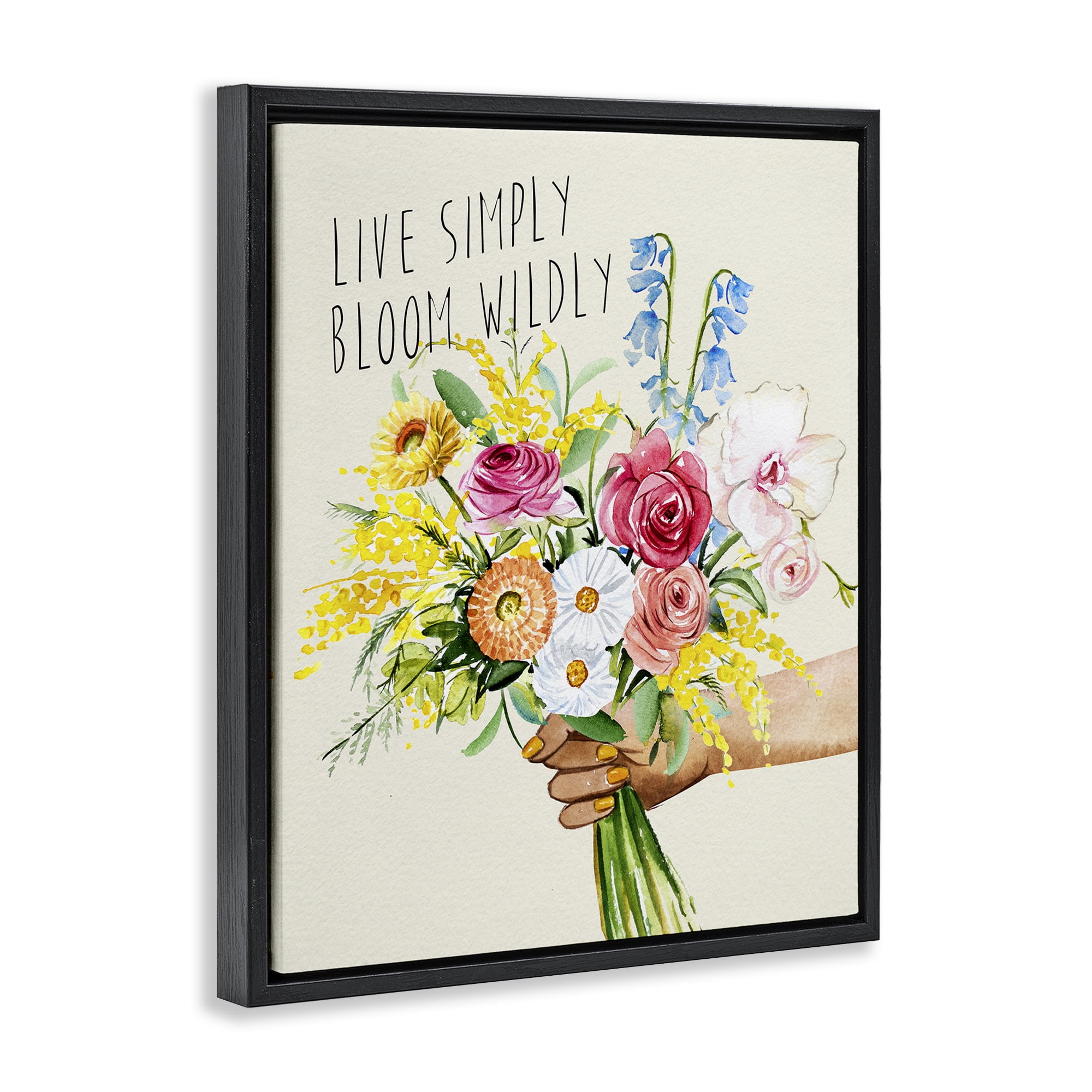 Stupell Industries Live Simply Bloom Wildly Botanical & Floral Painting Black Floater Framed Art Print Wall Art, 17 x 21