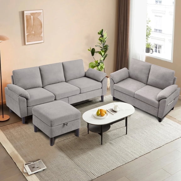Soscana Living Room Furniture 2 Piece Set,Sectional Sofa Couch with Storage Ottoman and Double Seater Loveseat,Light Gray