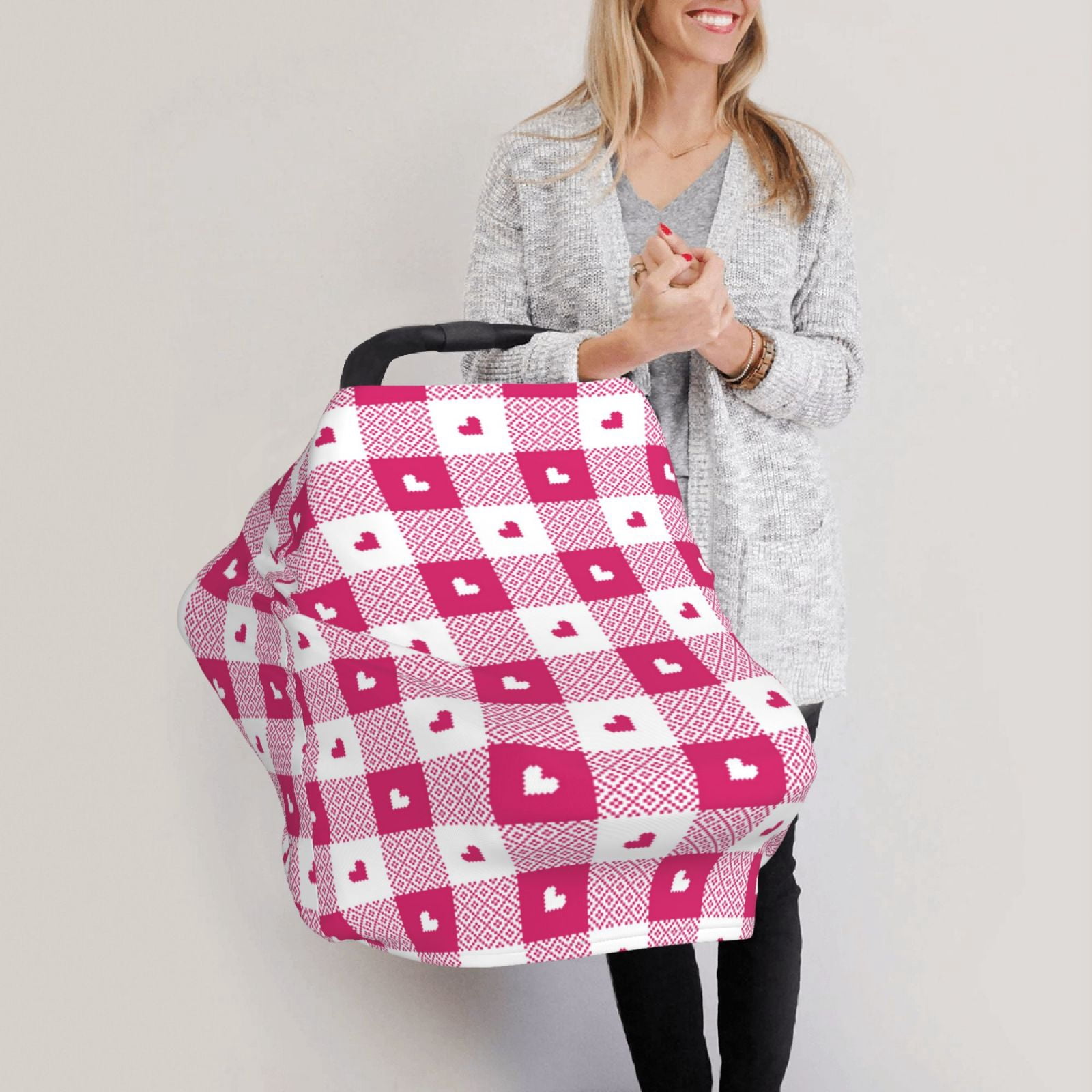 Fotbe Plaid Heart Pattern Car Seat Covers for Babies, Nursing Breastfeeding Cover Infant Carseat Canopy, Soft Stretchy Carrier Cover