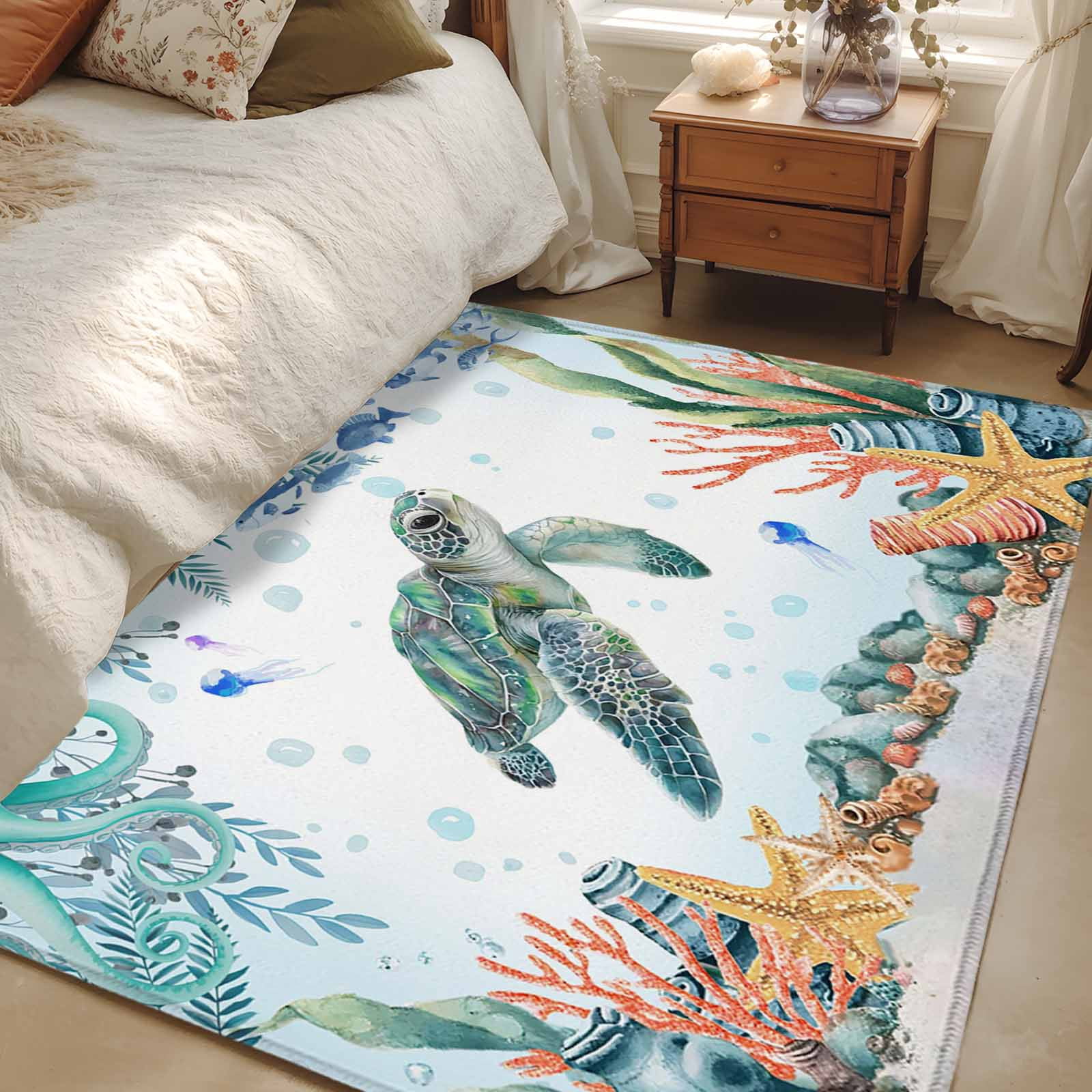 3'x5' Rug for Living Room Bedroom, Sea Turtle Coastal Washable Area Rugs Non-Slip Carpet Mats, Summer Nautical Starfish Coral Ocean Indoor Low Pile Area Rug Runner for Kitchen, Mudroom