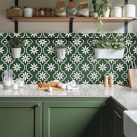 MORCART Peel and Stick Floor Tile, Vinyl Flooring Waterproof, DIY Flooring for Bathroom, Kitchen, Fireplace, Pet House, Stairs, Bedrooms, Wall (20PCS,7.87" x 7.87",Dark green+white)