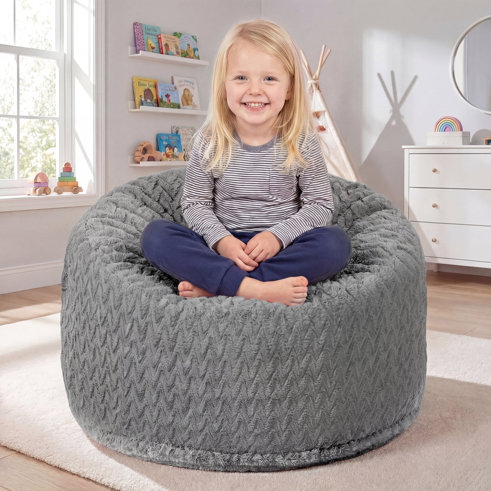 Fulsmile 2.5Ft Bean Bag Chair for Kids with Memory Foam Filling, Kid Cozy Plush Chair with Detachable Soft Cover for Bedroom Living Room Play Room, Chevron Gray
